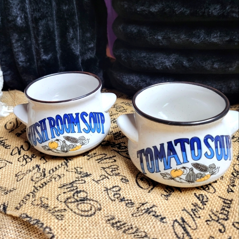Vintage 1970s lot of 2 stoneware soup crocks tomato mushroom